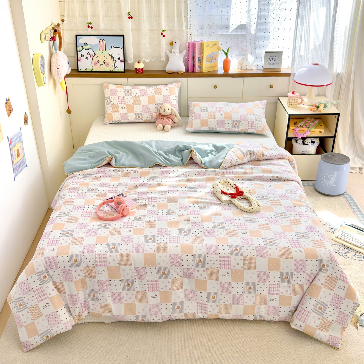 91家纺网 家纺一手货源 找家纺 金蕊阁 2025新款A类水洗双层纱夏被大豆夏被夏凉被空调被拼格小兔