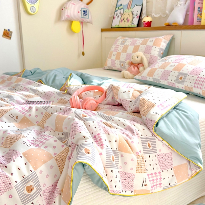 91家纺网 家纺一手货源 找家纺 金蕊阁 2025新款A类水洗双层纱夏被大豆夏被夏凉被空调被拼格小兔