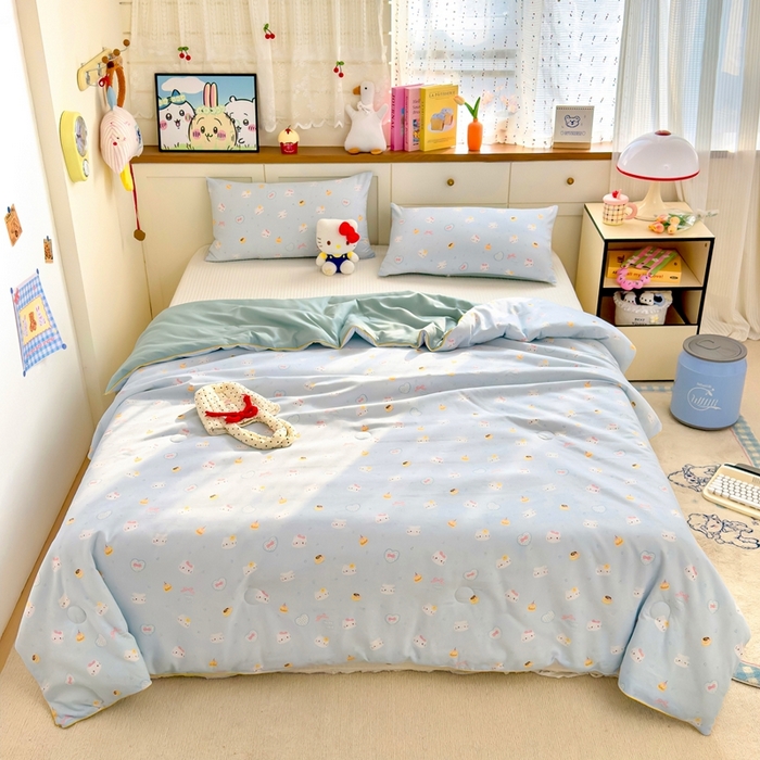 91家纺网 家纺一手货源 找家纺 金蕊阁 2025新款A类水洗双层纱夏被大豆夏被夏凉被空调被小猫甜品店