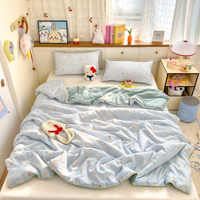 91家纺网 家纺一手货源 找家纺 金蕊阁 2025新款A类水洗双层纱夏被大豆夏被夏凉被空调被小猫甜品店