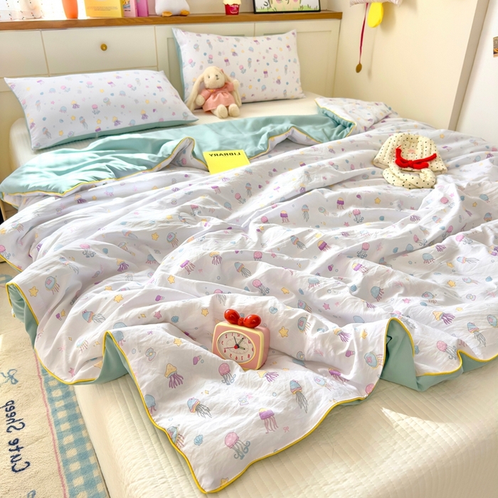 91家纺网 家纺一手货源 找家纺 金蕊阁 2025新款A类水洗双层纱夏被大豆夏被夏凉被空调被星落水母湾