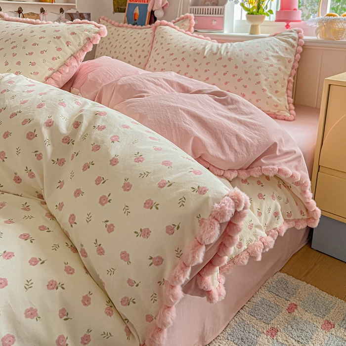 91家纺网 家纺一手货源 找家纺 （总）鑫利来家纺 2026新款毛球款四件套古法水洗棉韩式法式花边四件套被套学生床单三件套