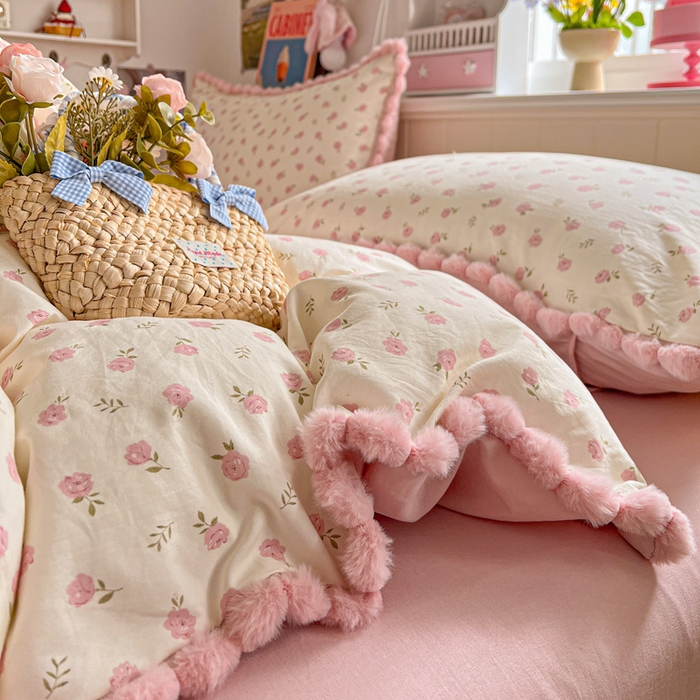 91家纺网 家纺一手货源 找家纺 （总）鑫利来家纺 2026新款毛球款四件套古法水洗棉韩式法式花边四件套被套学生床单三件套