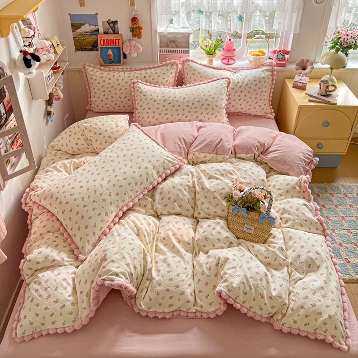 91家纺网 家纺一手货源 找家纺 （总）鑫利来家纺 2026新款毛球款四件套古法水洗棉韩式法式花边四件套被套学生床单三件套