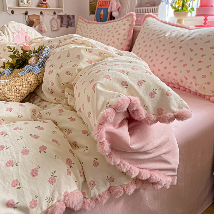 91家纺网 家纺一手货源 找家纺 （总）鑫利来家纺 2026新款毛球款四件套古法水洗棉韩式法式花边四件套被套学生床单三件套