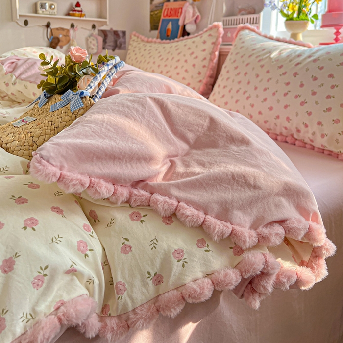 91家纺网 家纺一手货源 找家纺 （总）鑫利来家纺 2026新款毛球款四件套古法水洗棉韩式法式花边四件套被套学生床单三件套