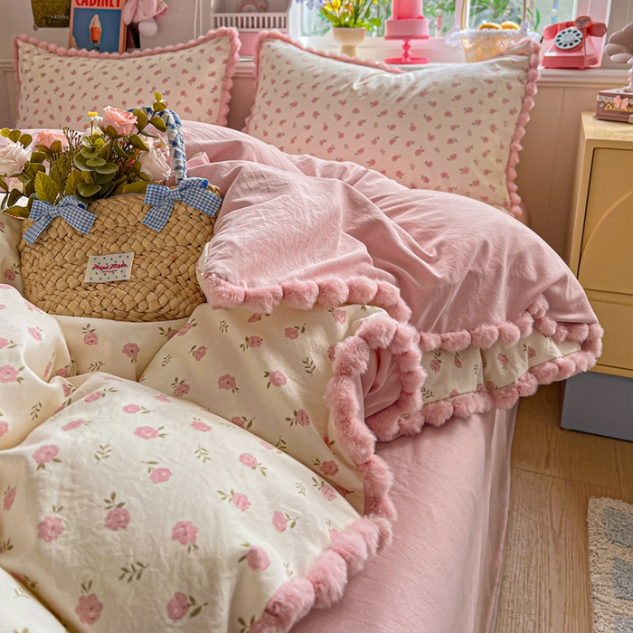 91家纺网 家纺一手货源 找家纺 （总）鑫利来家纺 2026新款毛球款四件套古法水洗棉韩式法式花边四件套被套学生床单三件套