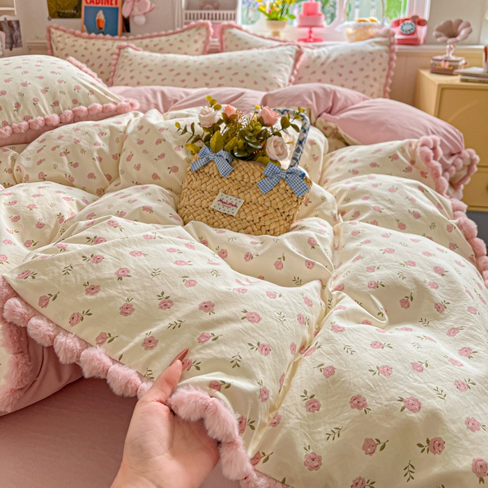 91家纺网 家纺一手货源 找家纺 （总）鑫利来家纺 2026新款毛球款四件套古法水洗棉韩式法式花边四件套被套学生床单三件套