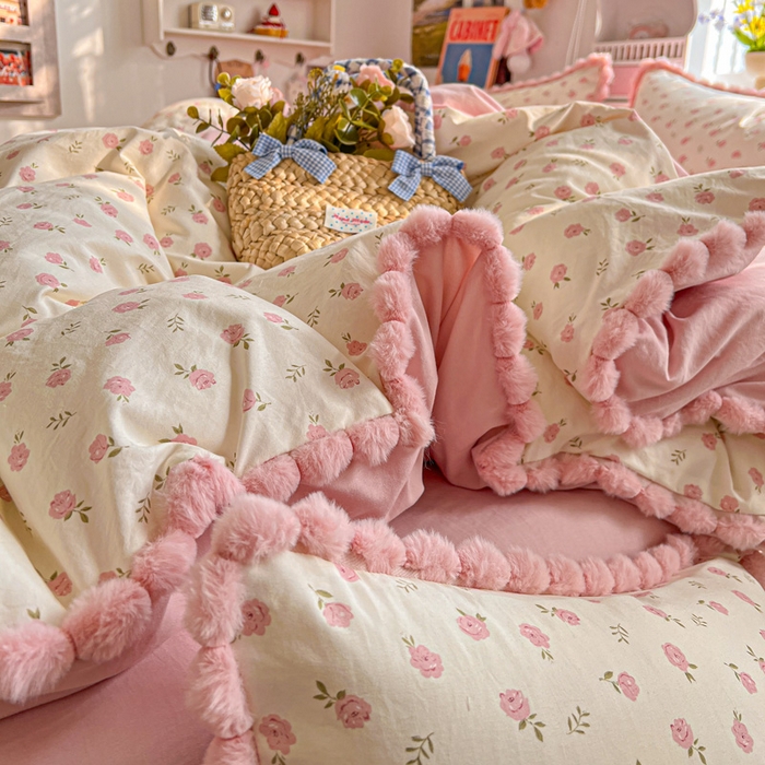 91家纺网 家纺一手货源 找家纺 （总）鑫利来家纺 2026新款毛球款四件套古法水洗棉韩式法式花边四件套被套学生床单三件套