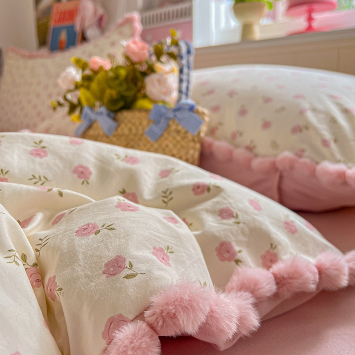 91家纺网 家纺一手货源 找家纺 （总）鑫利来家纺 2026新款毛球款四件套古法水洗棉韩式法式花边四件套被套学生床单三件套