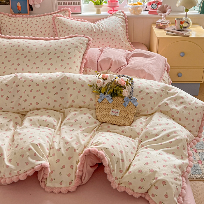 91家纺网 家纺一手货源 找家纺 （总）鑫利来家纺 2026新款毛球款四件套古法水洗棉韩式法式花边四件套被套学生床单三件套