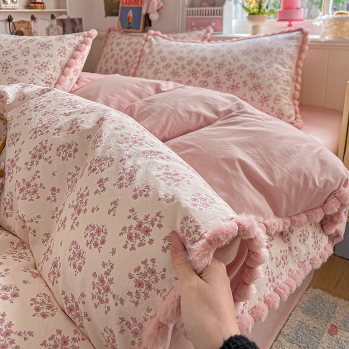 91家纺网 家纺一手货源 找家纺 （总）鑫利来家纺 2026新款毛球款四件套古法水洗棉韩式法式花边四件套被套学生床单三件套