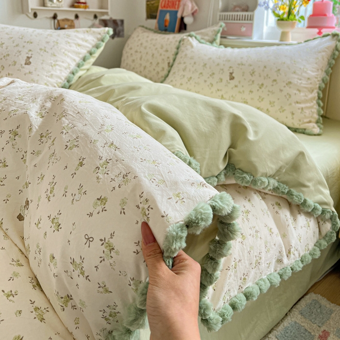 91家纺网 家纺一手货源 找家纺 （总）鑫利来家纺 2026新款毛球款四件套古法水洗棉韩式法式花边四件套被套学生床单三件套