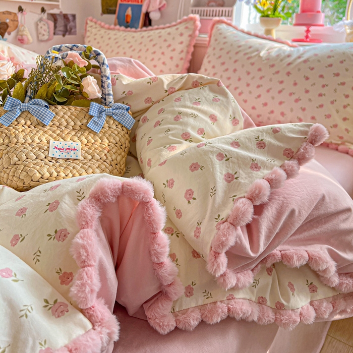 91家纺网 家纺一手货源 找家纺 （总）鑫利来家纺 2026新款毛球款四件套古法水洗棉韩式法式花边四件套被套学生床单三件套