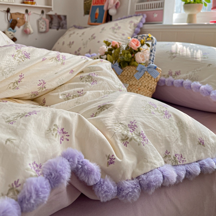 91家纺网 家纺一手货源 找家纺 鑫利来家纺 2026新款毛球款四件套古法水洗棉韩式法式花边四件套被套学生床单三件套 毛球款-唯美