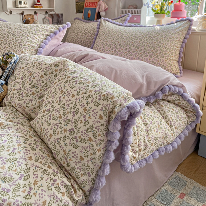 91家纺网 家纺一手货源 找家纺 鑫利来家纺 2026新款毛球款四件套古法水洗棉韩式法式花边四件套被套学生床单三件套 毛球款-花间谣