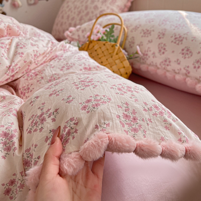 91家纺网 家纺一手货源 找家纺 鑫利来家纺 2026新款毛球款四件套古法水洗棉韩式法式花边四件套被套学生床单三件套 毛球款-七分甜