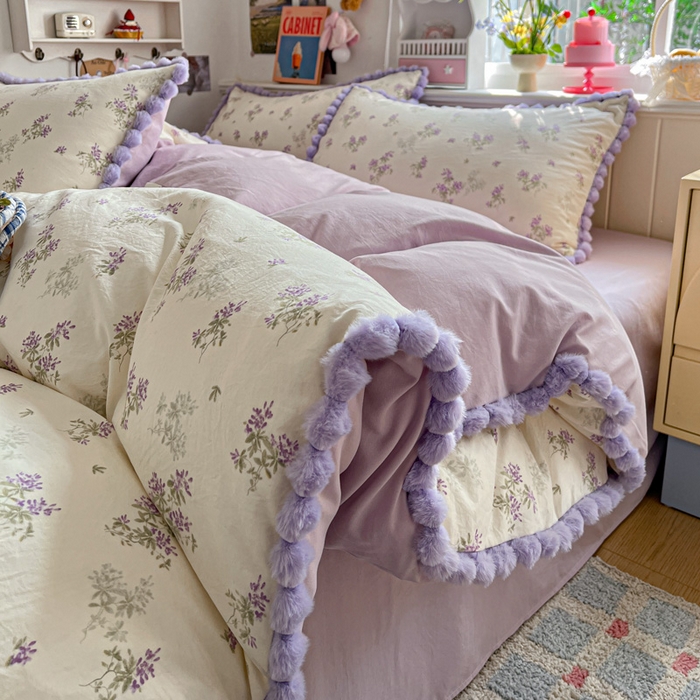 91家纺网 家纺一手货源 找家纺 鑫利来家纺 2026新款毛球款四件套古法水洗棉韩式法式花边四件套被套学生床单三件套 毛球款-唯美