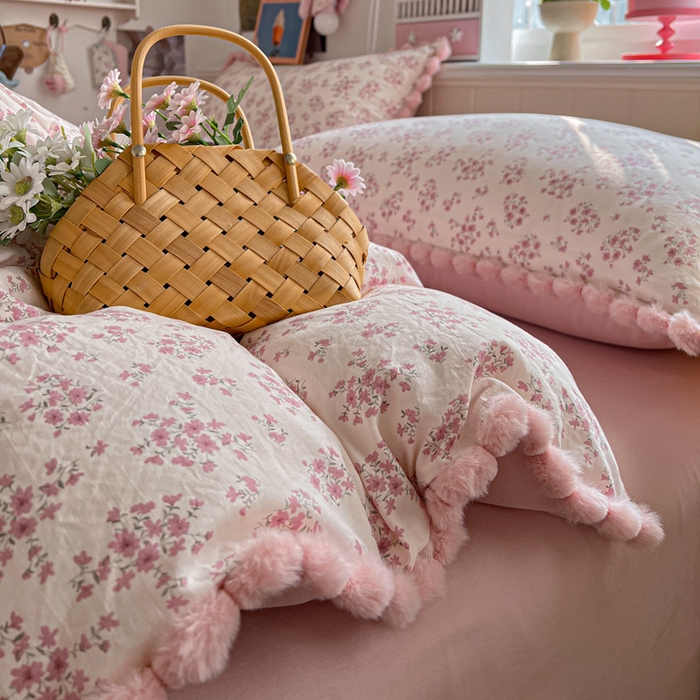 91家纺网 家纺一手货源 找家纺 鑫利来家纺 2026新款毛球款四件套古法水洗棉韩式法式花边四件套被套学生床单三件套 毛球款-七分甜