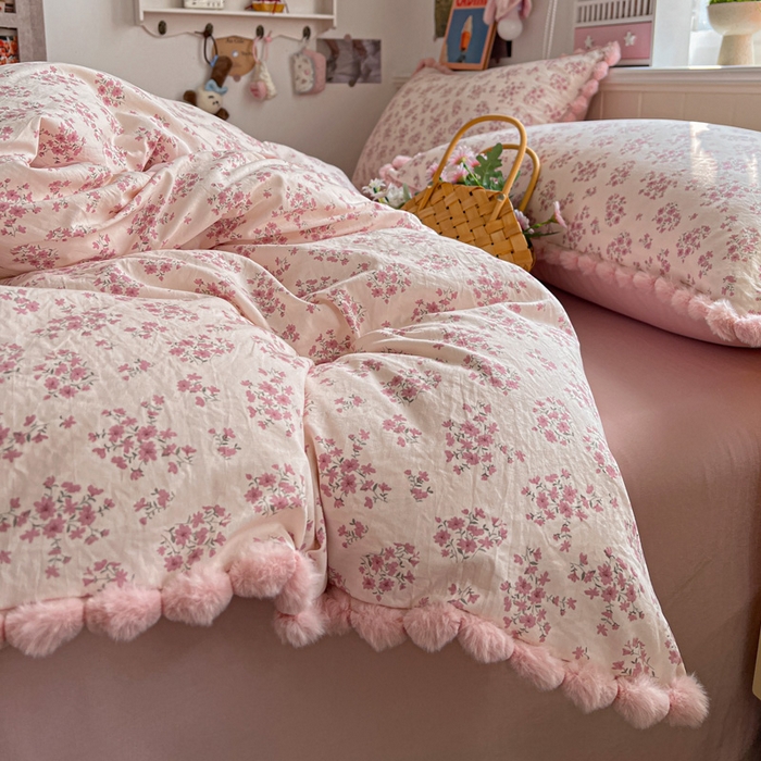 91家纺网 家纺一手货源 找家纺 鑫利来家纺 2026新款毛球款四件套古法水洗棉韩式法式花边四件套被套学生床单三件套 毛球款-七分甜