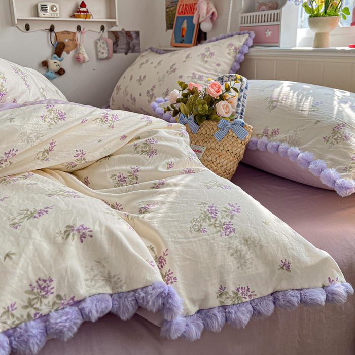 91家纺网 家纺一手货源 找家纺 鑫利来家纺 2026新款毛球款四件套古法水洗棉韩式法式花边四件套被套学生床单三件套 毛球款-唯美