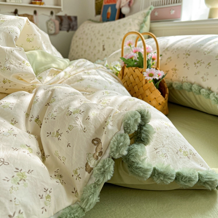 91家纺网 家纺一手货源 找家纺 鑫利来家纺 2026新款毛球款四件套古法水洗棉韩式法式花边四件套被套学生床单三件套 毛球款-花间小兔