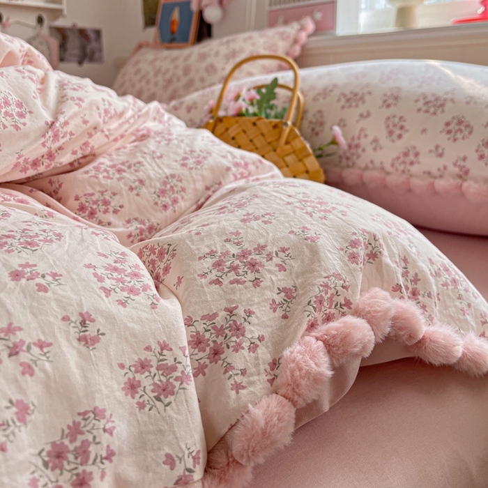 91家纺网 家纺一手货源 找家纺 鑫利来家纺 2026新款毛球款四件套古法水洗棉韩式法式花边四件套被套学生床单三件套 毛球款-七分甜