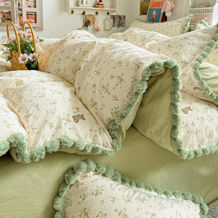 91家纺网 家纺一手货源 找家纺 鑫利来家纺 2026新款毛球款四件套古法水洗棉韩式法式花边四件套被套学生床单三件套 毛球款-花间小兔