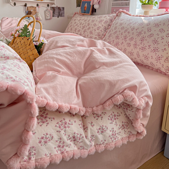 91家纺网 家纺一手货源 找家纺 鑫利来家纺 2026新款毛球款四件套古法水洗棉韩式法式花边四件套被套学生床单三件套 毛球款-七分甜