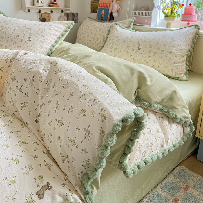 91家纺网 家纺一手货源 找家纺 鑫利来家纺 2026新款毛球款四件套古法水洗棉韩式法式花边四件套被套学生床单三件套 毛球款-花间小兔