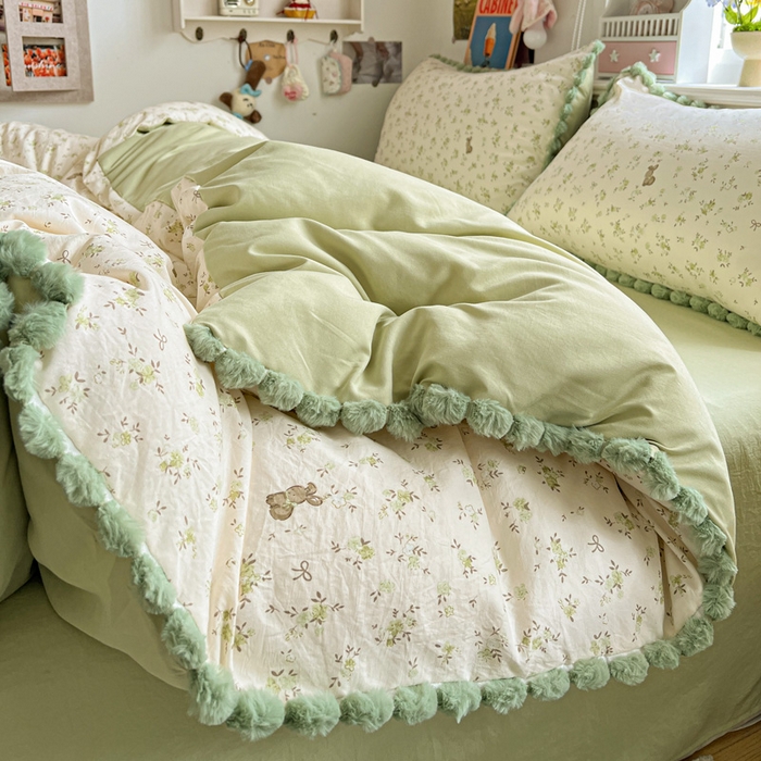 91家纺网 家纺一手货源 找家纺 鑫利来家纺 2026新款毛球款四件套古法水洗棉韩式法式花边四件套被套学生床单三件套 毛球款-花间小兔