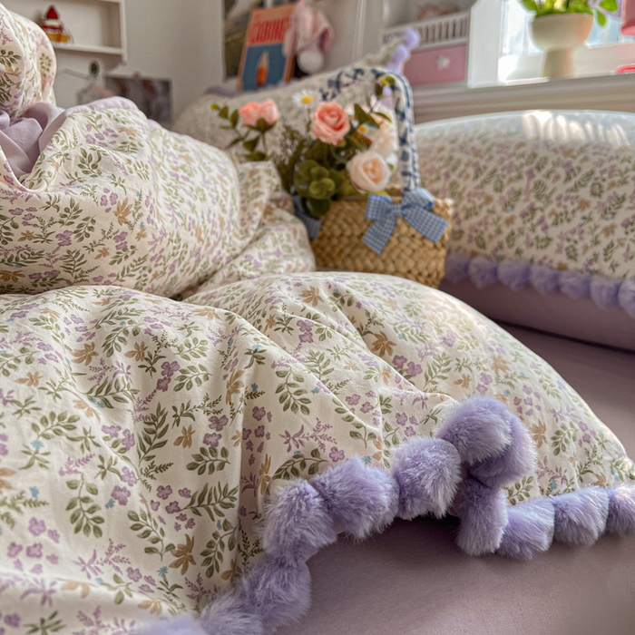 91家纺网 家纺一手货源 找家纺 鑫利来家纺 2026新款毛球款四件套古法水洗棉韩式法式花边四件套被套学生床单三件套 毛球款-花间谣