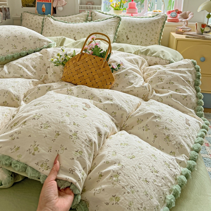 91家纺网 家纺一手货源 找家纺 鑫利来家纺 2026新款毛球款四件套古法水洗棉韩式法式花边四件套被套学生床单三件套 毛球款-花间小兔