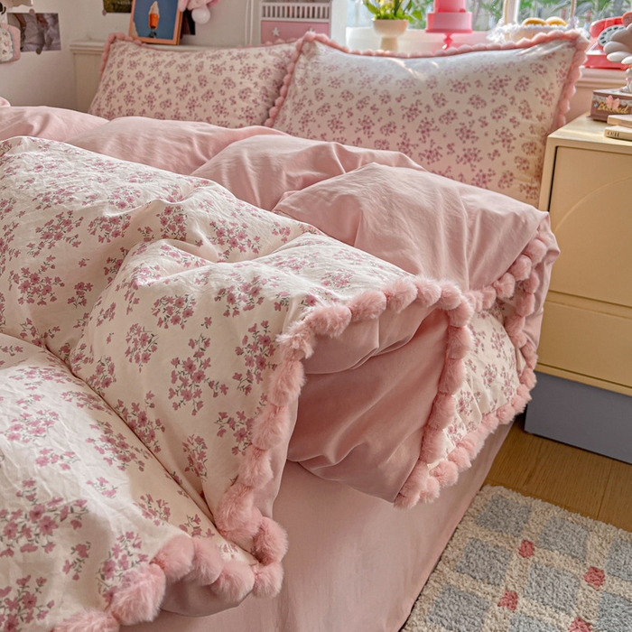 91家纺网 家纺一手货源 找家纺 鑫利来家纺 2026新款毛球款四件套古法水洗棉韩式法式花边四件套被套学生床单三件套 毛球款-七分甜