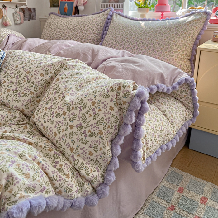 91家纺网 家纺一手货源 找家纺 鑫利来家纺 2026新款毛球款四件套古法水洗棉韩式法式花边四件套被套学生床单三件套 毛球款-花间谣