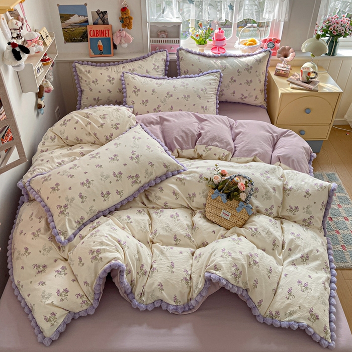 91家纺网 家纺一手货源 找家纺 鑫利来家纺 2026新款毛球款四件套古法水洗棉韩式法式花边四件套被套学生床单三件套 毛球款-唯美