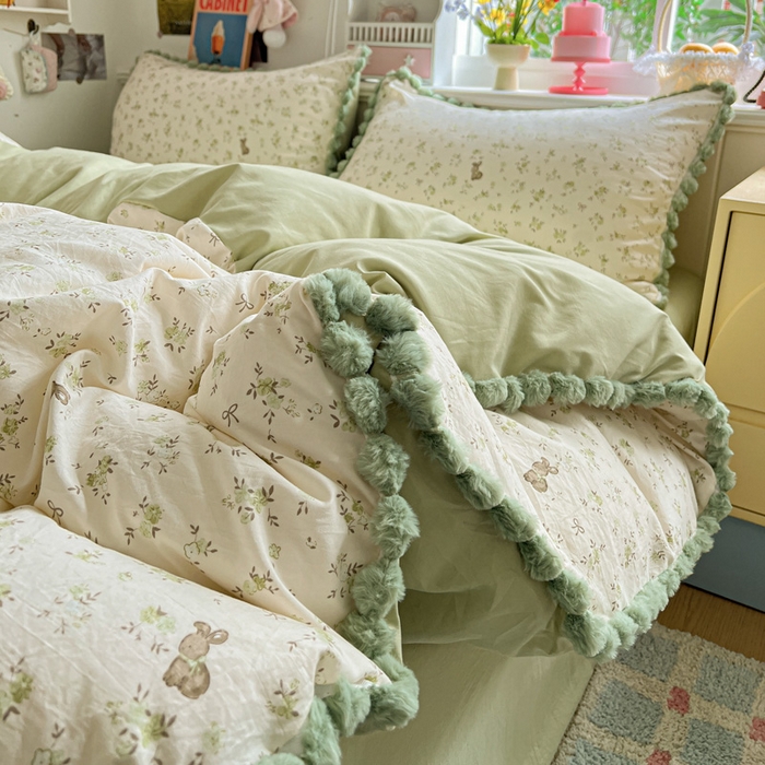 91家纺网 家纺一手货源 找家纺 鑫利来家纺 2026新款毛球款四件套古法水洗棉韩式法式花边四件套被套学生床单三件套 毛球款-花间小兔