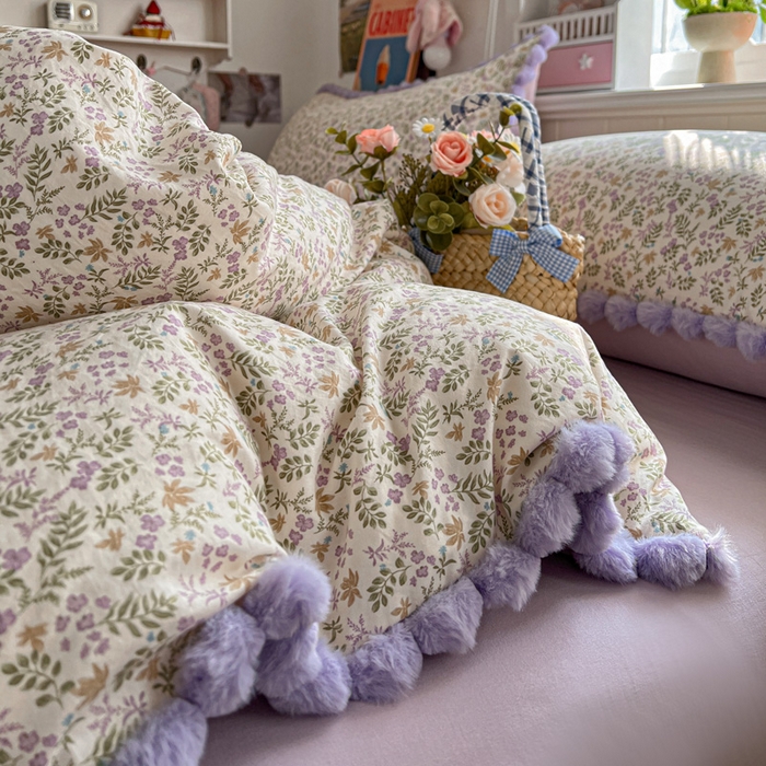 91家纺网 家纺一手货源 找家纺 鑫利来家纺 2026新款毛球款四件套古法水洗棉韩式法式花边四件套被套学生床单三件套 毛球款-花间谣