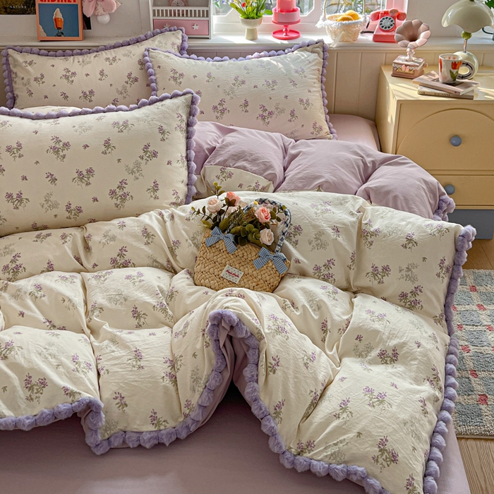 91家纺网 家纺一手货源 找家纺 鑫利来家纺 2026新款毛球款四件套古法水洗棉韩式法式花边四件套被套学生床单三件套 毛球款-唯美