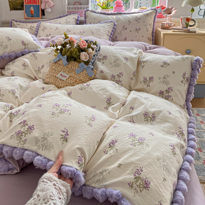 91家纺网 家纺一手货源 找家纺 鑫利来家纺 2026新款毛球款四件套古法水洗棉韩式法式花边四件套被套学生床单三件套 毛球款-唯美