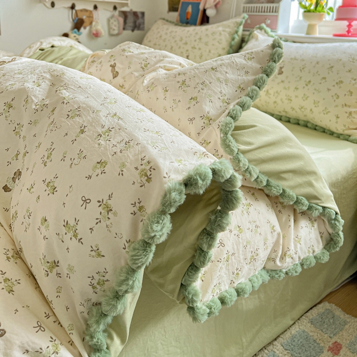 91家纺网 家纺一手货源 找家纺 鑫利来家纺 2026新款毛球款四件套古法水洗棉韩式法式花边四件套被套学生床单三件套 毛球款-花间小兔
