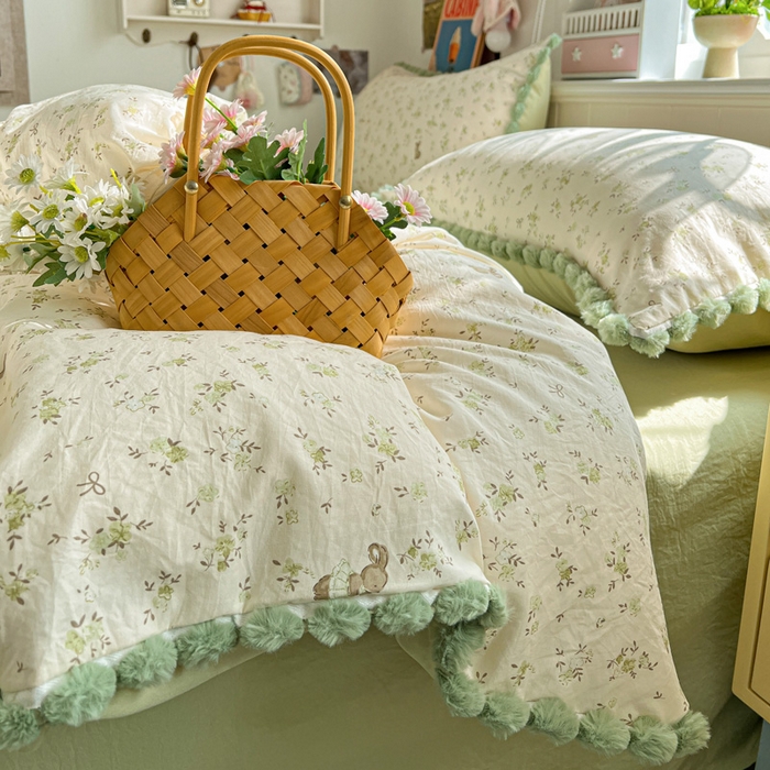 91家纺网 家纺一手货源 找家纺 鑫利来家纺 2026新款毛球款四件套古法水洗棉韩式法式花边四件套被套学生床单三件套 毛球款-花间小兔