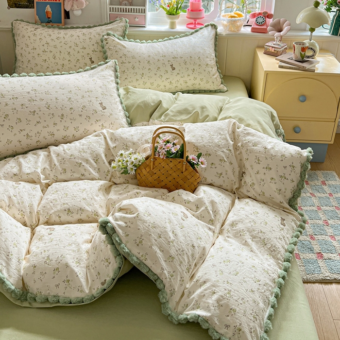 91家纺网 家纺一手货源 找家纺 鑫利来家纺 2026新款毛球款四件套古法水洗棉韩式法式花边四件套被套学生床单三件套 毛球款-花间小兔