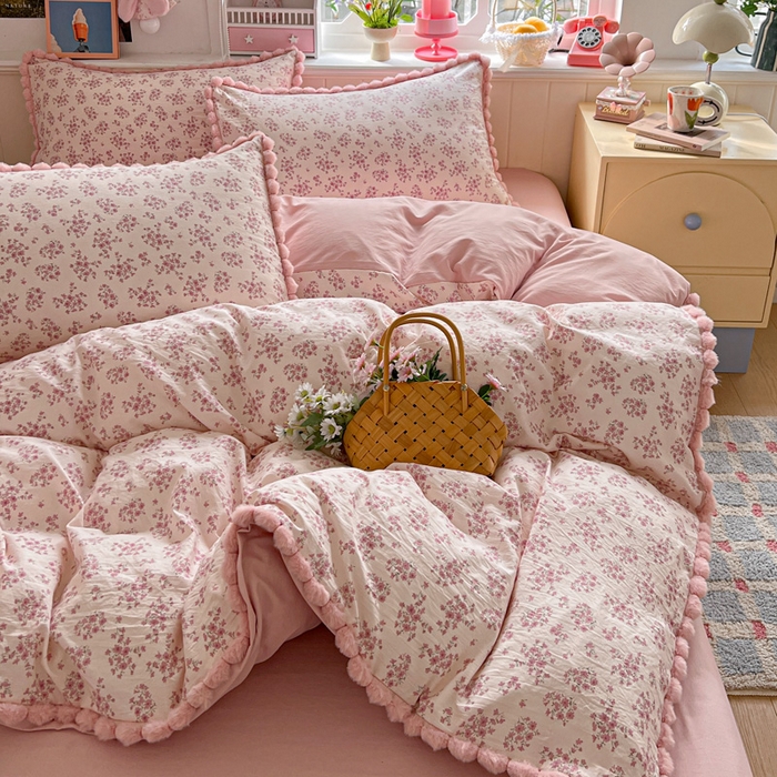 91家纺网 家纺一手货源 找家纺 鑫利来家纺 2026新款毛球款四件套古法水洗棉韩式法式花边四件套被套学生床单三件套 毛球款-七分甜