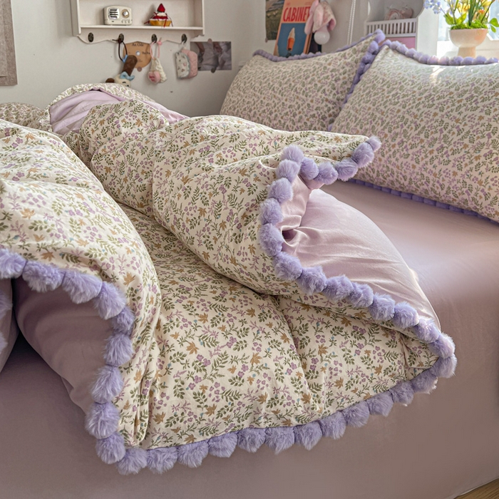 91家纺网 家纺一手货源 找家纺 鑫利来家纺 2026新款毛球款四件套古法水洗棉韩式法式花边四件套被套学生床单三件套 毛球款-花间谣