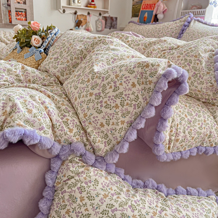 91家纺网 家纺一手货源 找家纺 鑫利来家纺 2026新款毛球款四件套古法水洗棉韩式法式花边四件套被套学生床单三件套 毛球款-花间谣