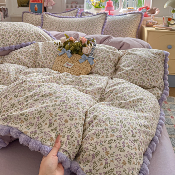 91家纺网 家纺一手货源 找家纺 鑫利来家纺 2026新款毛球款四件套古法水洗棉韩式法式花边四件套被套学生床单三件套 毛球款-花间谣