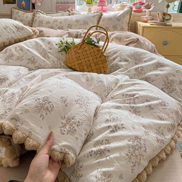 91家纺网 家纺一手货源 找家纺 鑫利来家纺 2026新款毛球款四件套古法水洗棉韩式法式花边四件套被套学生床单三件套 毛球款-甜桔