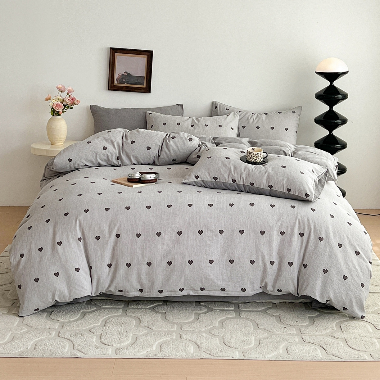 91家纺网 家纺一手货源 找家纺 弗苓家纺 2026春季新款高克重加厚色织提花四件套 爱心灰