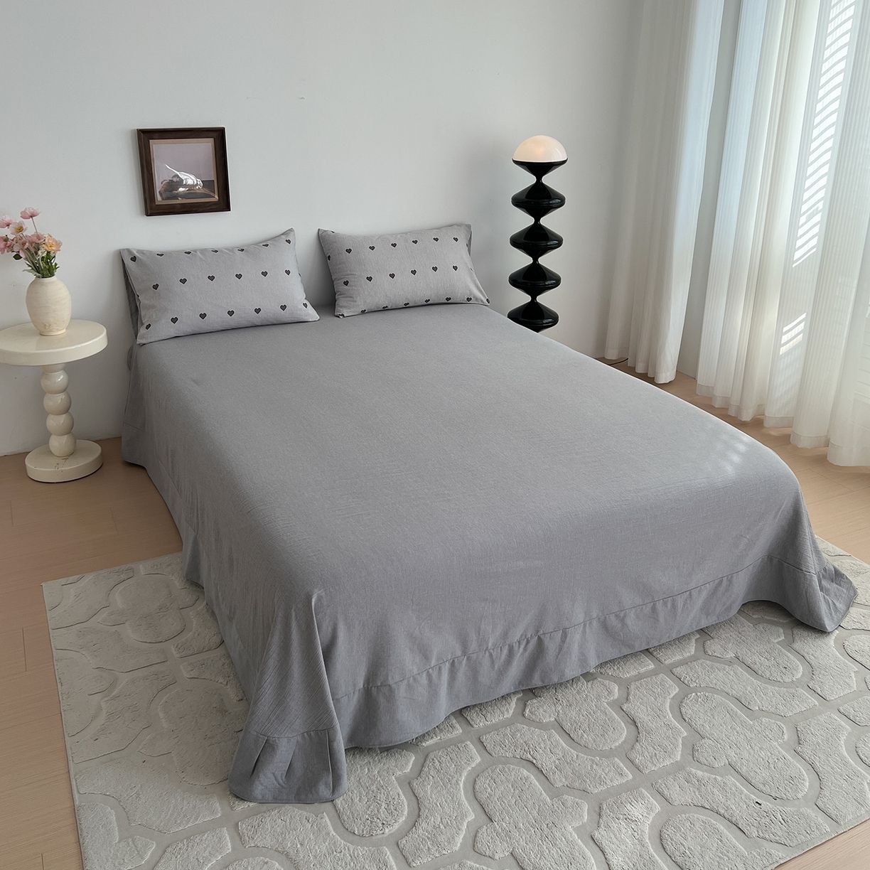 91家纺网 家纺一手货源 找家纺 弗苓家纺 2026春季新款高克重加厚色织提花四件套 爱心灰